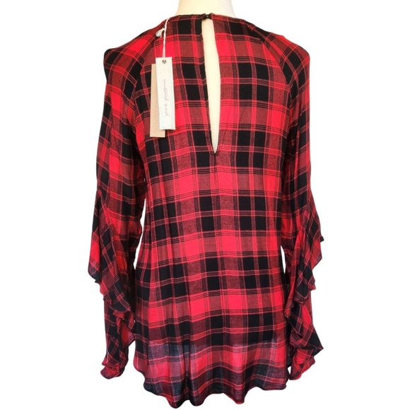 New w/Tags Mustard Seed Brand Red & Black Plaid Keyhole Back Blouse Sz Small - Picture 2 of 8